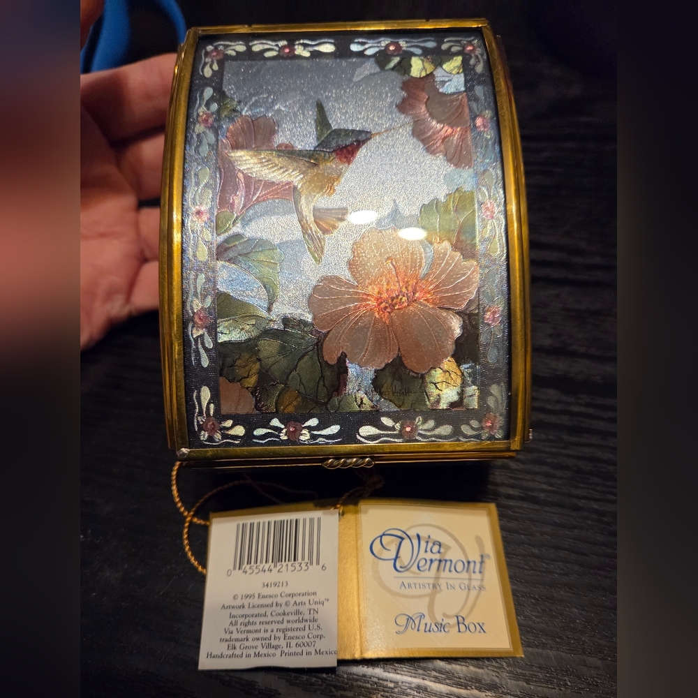 Vtg Enesco Hummingbird Glass Trinket Nox Thomas Cathy Art 1993